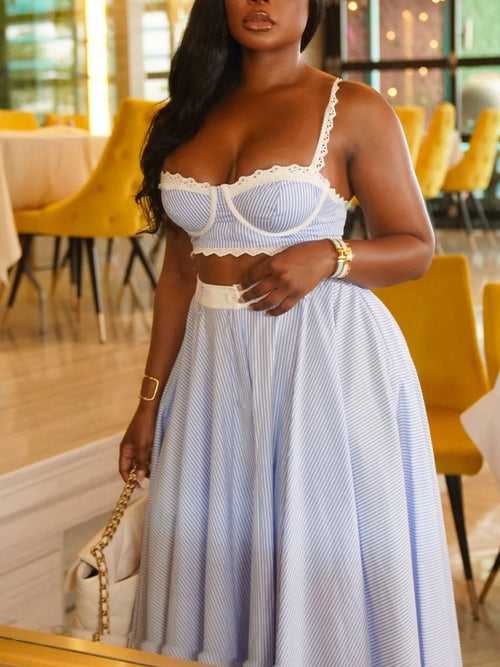Hazel Blues® |  Striped Lace Trim Cami and Skirt Two-Piece Set