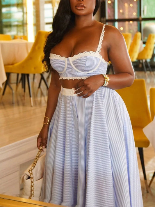 Hazel Blues® |  Striped Lace Trim Cami and Skirt Two-Piece Set