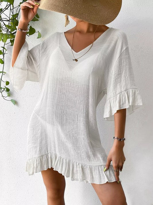 Hazel Blues® | Ruffle Trim Butterfly Back V-Neck Cover-Up Dress