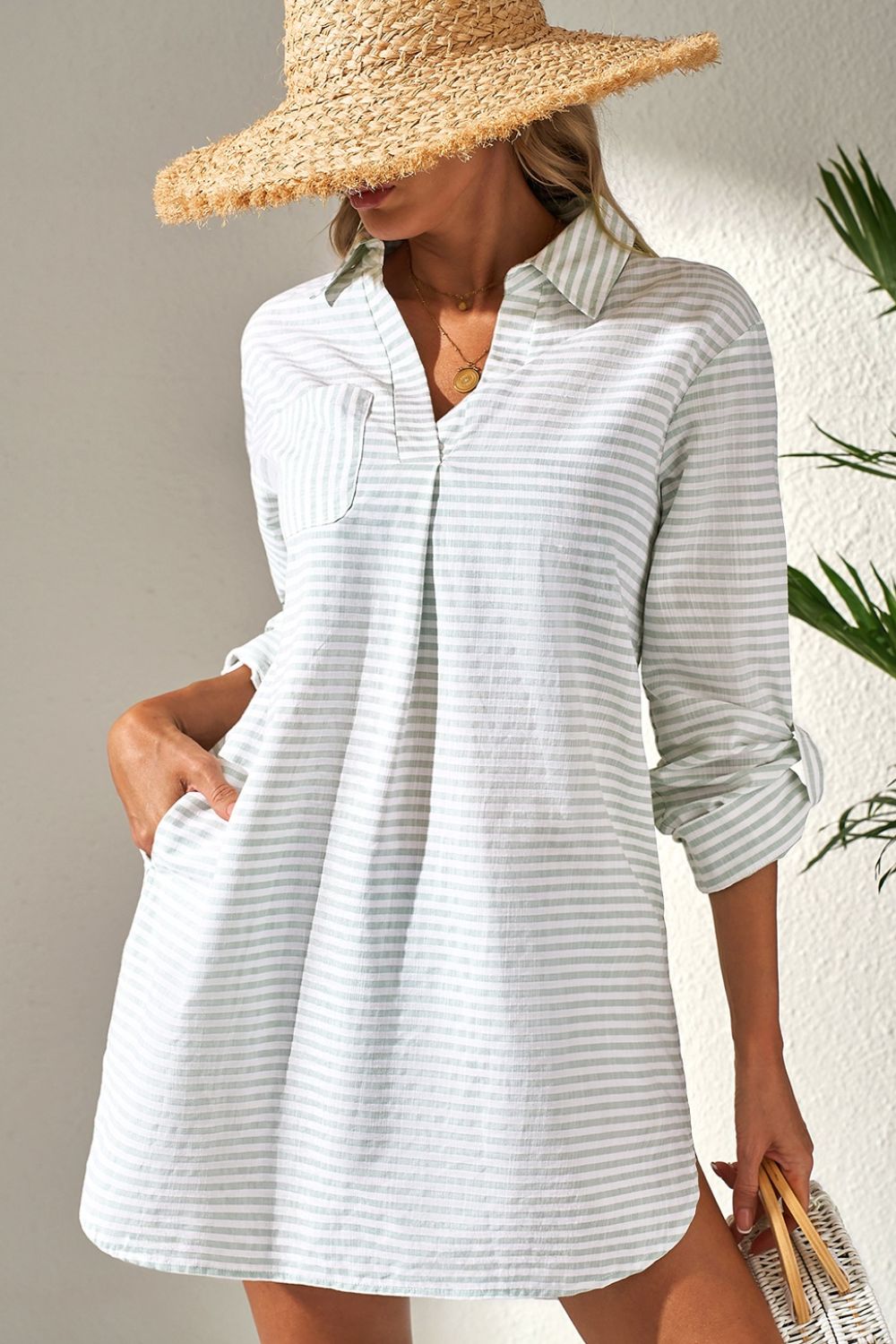 Hazel Blues® |  Striped Johnny Collar Long Sleeve Mini Shirt Dress