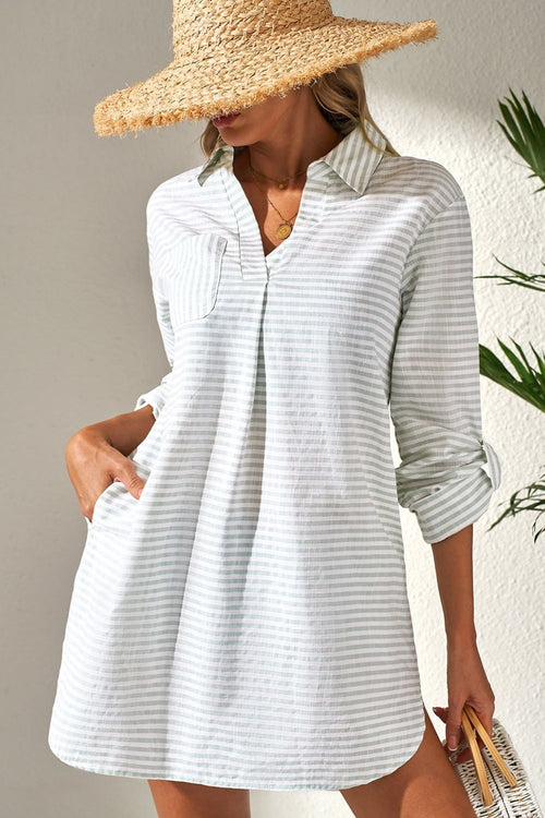 Hazel Blues® |  Striped Johnny Collar Long Sleeve Mini Shirt Dress