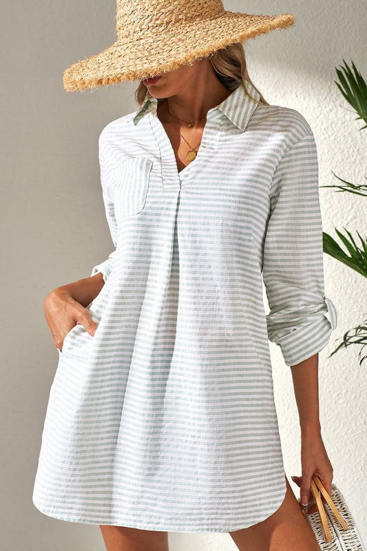 Hazel Blues® |  Striped Johnny Collar Long Sleeve Mini Shirt Dress