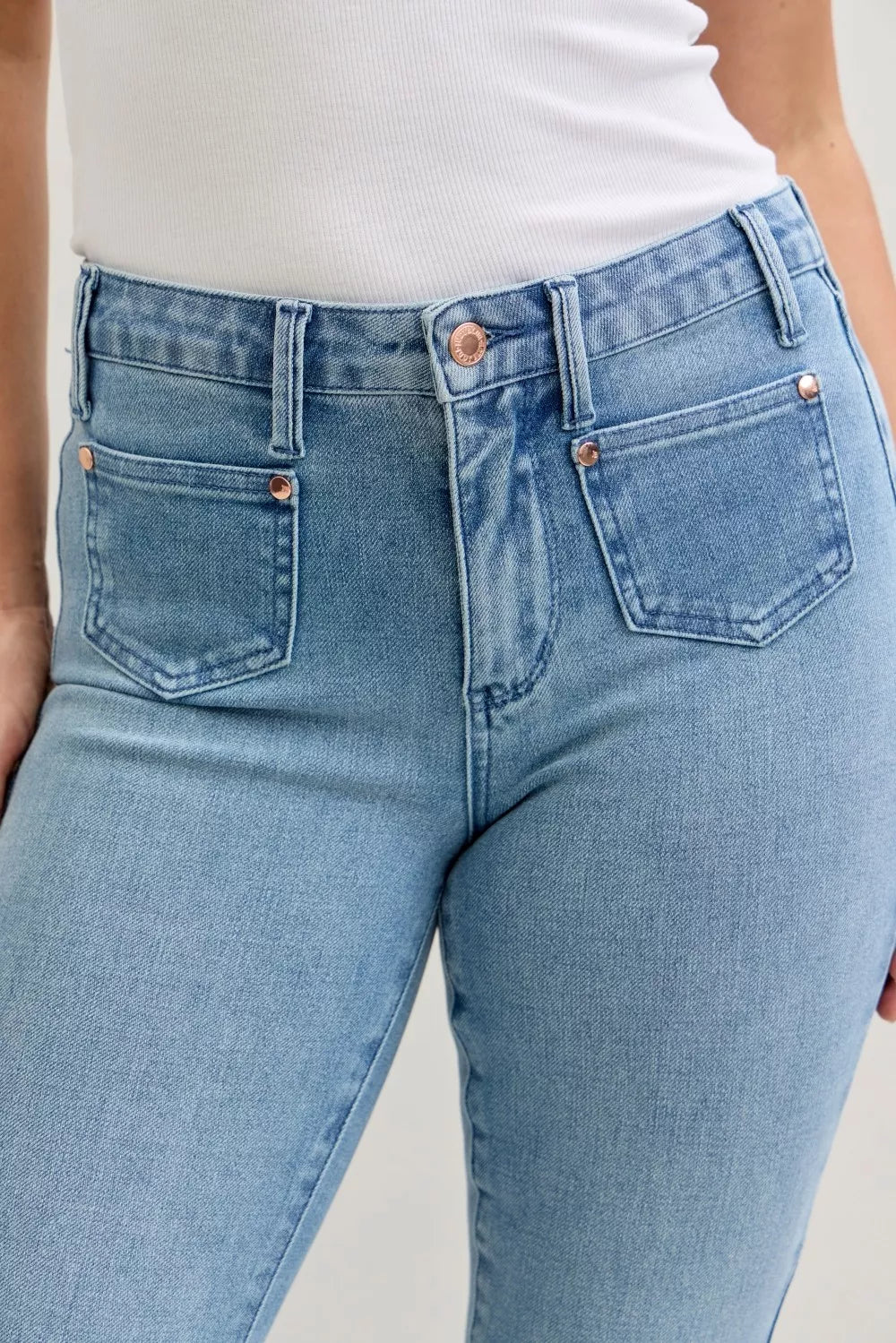 Hazel Blues® | Judy Blue Mid Rise Bootcut Jeans with Contrast Wash & Front Patch Pockets