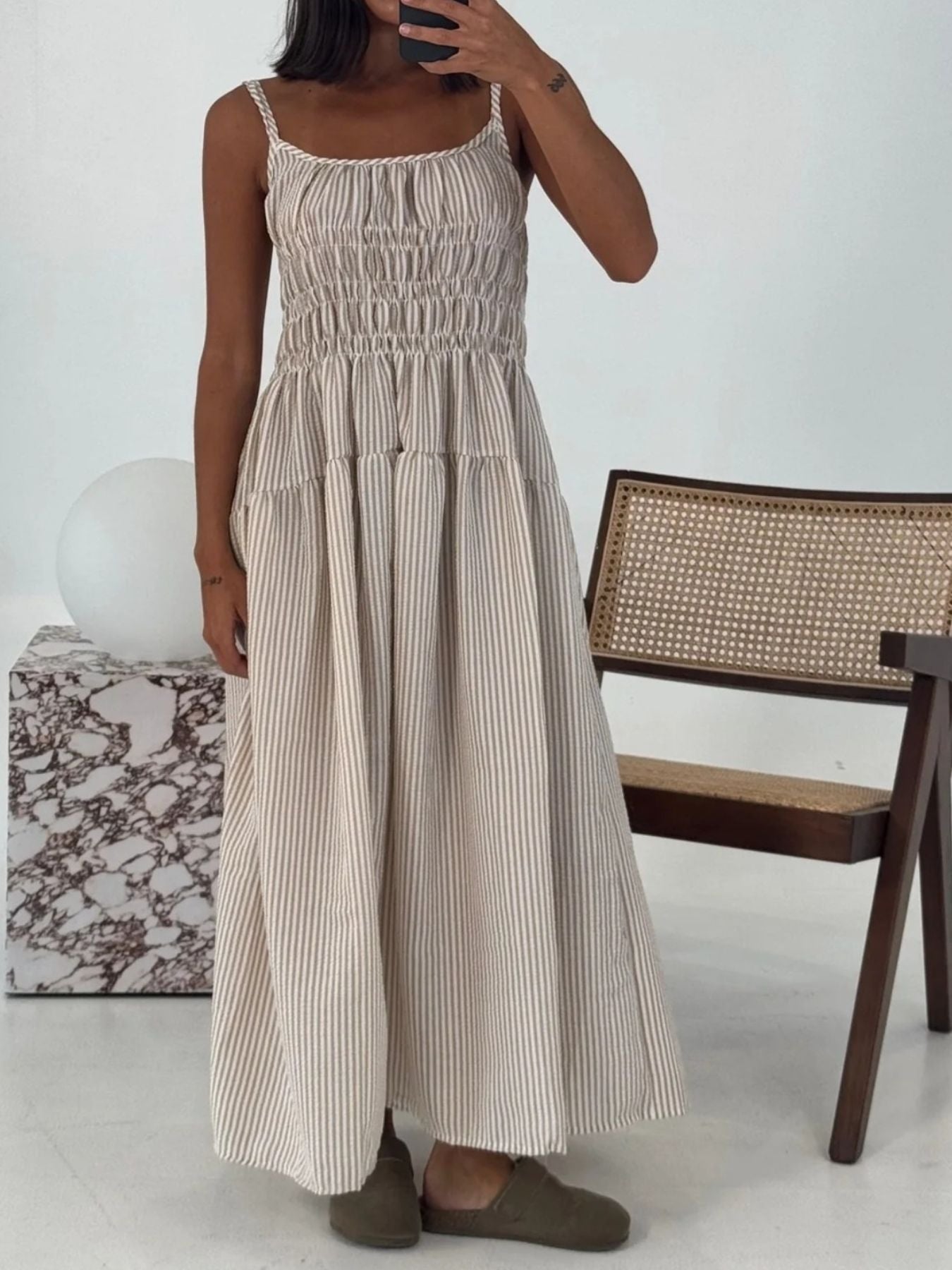 Hazel Blues® |  Striped Smocked Bodice Midi Dress