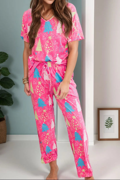 Hazel Blues® |  Printed V-Neck Short Sleeve Top and Pants Lounge Set