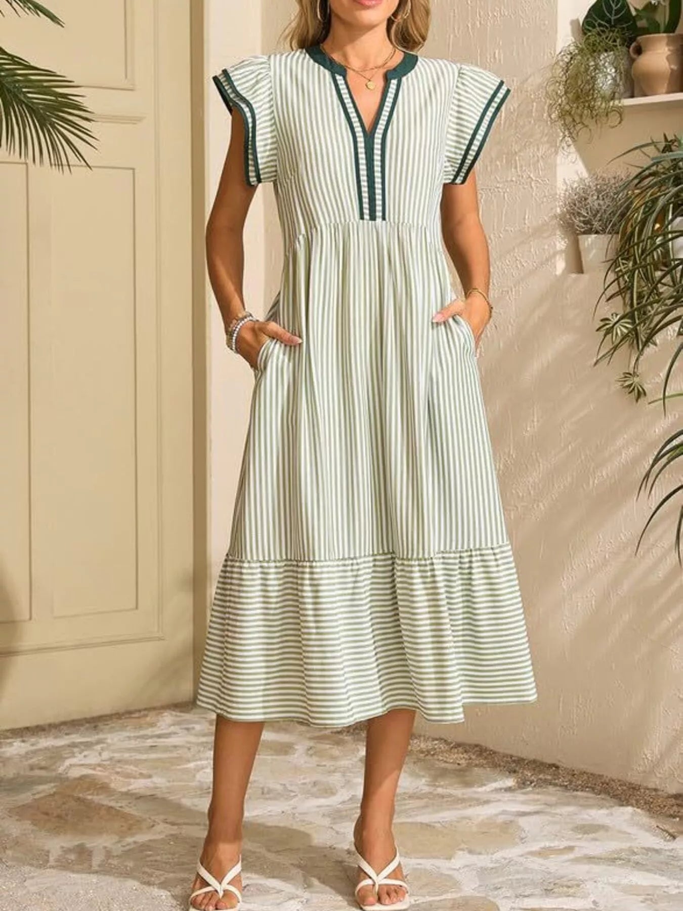 Hazel Blues® |  Striped Notched Ruffle Sleeve Dress