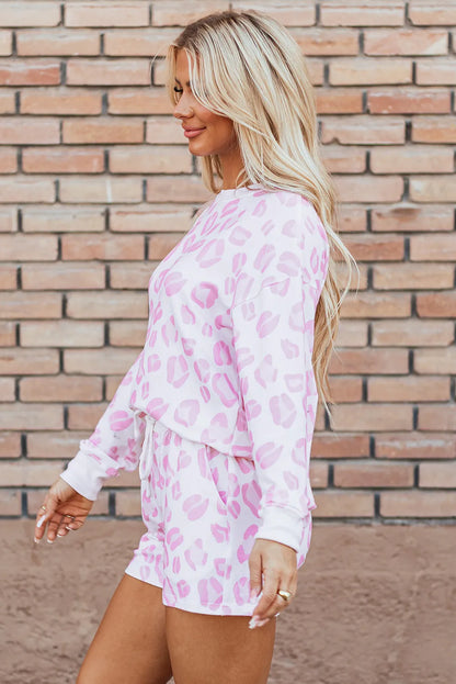 Hazel Blues® |  Leopard Long Sleeve Top and Drawstring Shorts Lounge Set