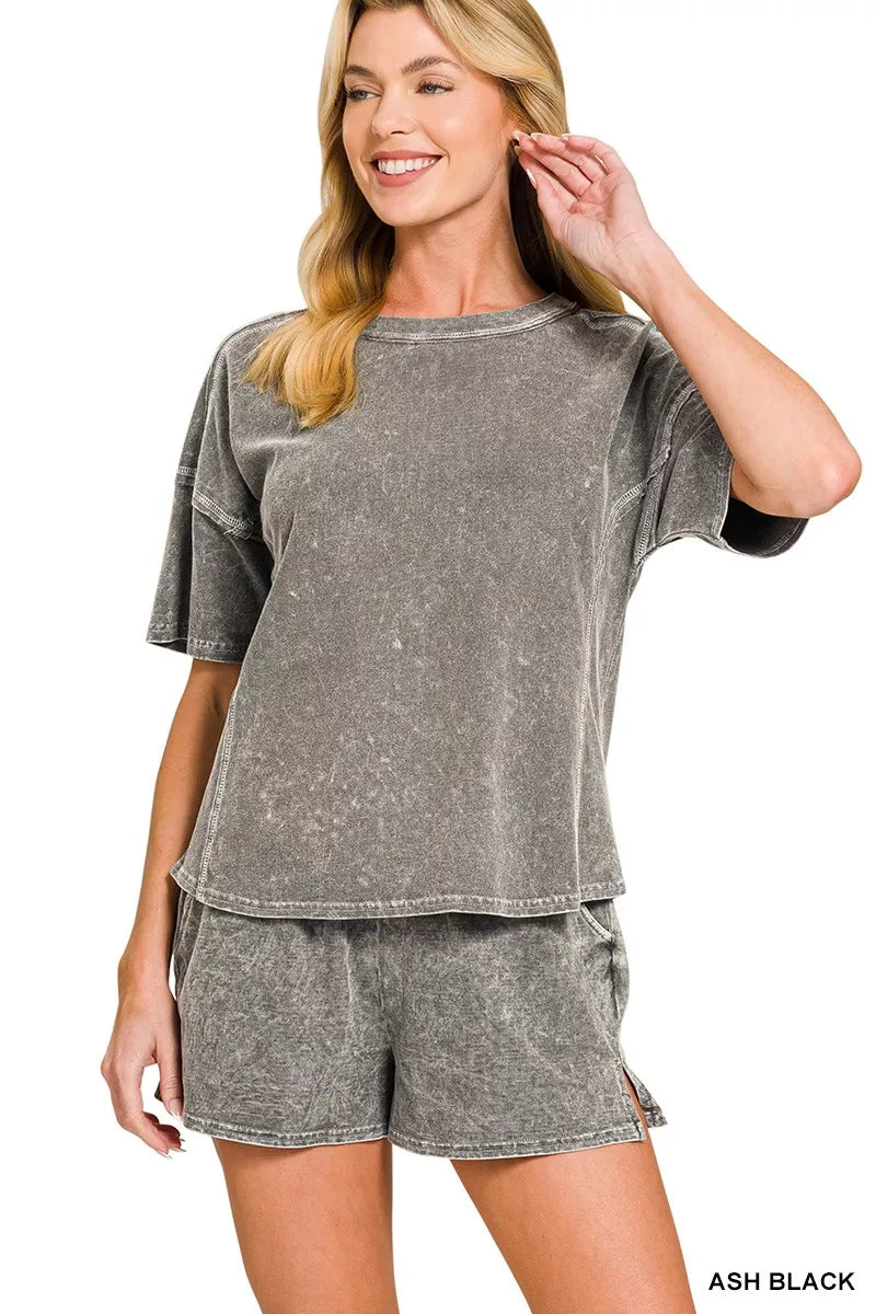 Hazel Blues® |  Zenana Halo Snow Washed Short Sleeve Tee and Shorts Set