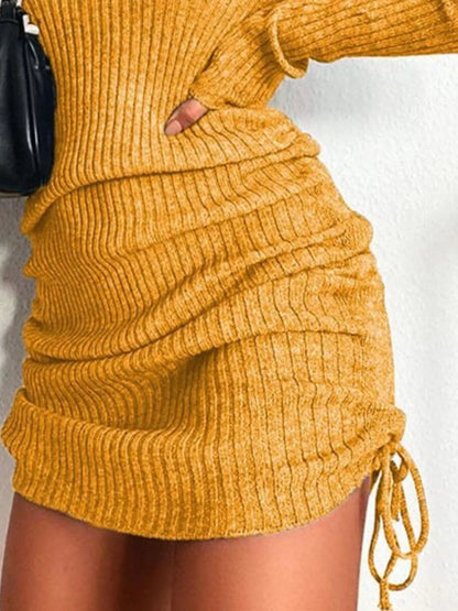 Hazel Blues® | Ribbed Knit Drawstring Bodycon Sweater Dress
