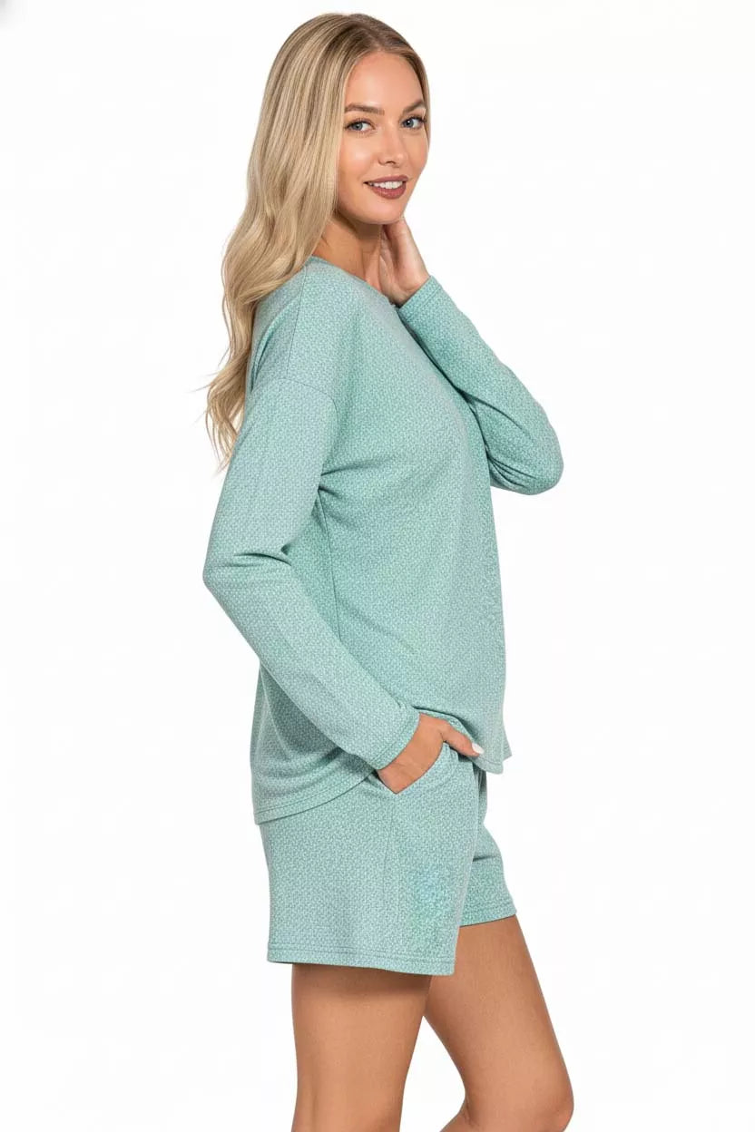 Hazel Blues® |  Zenana Soft Melange Long Sleeve Tee and Shorts Set