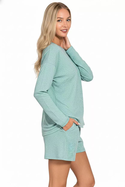 Hazel Blues® |  Zenana Soft Melange Long Sleeve Tee and Shorts Set