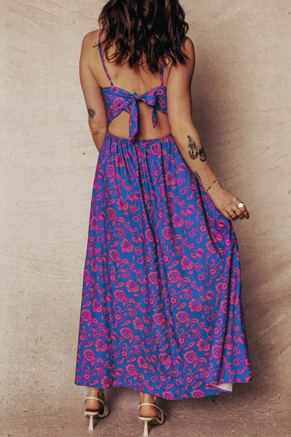 Hazel Blues® |  Floral Print Twisted V Neck Tied Backless Maxi Dress