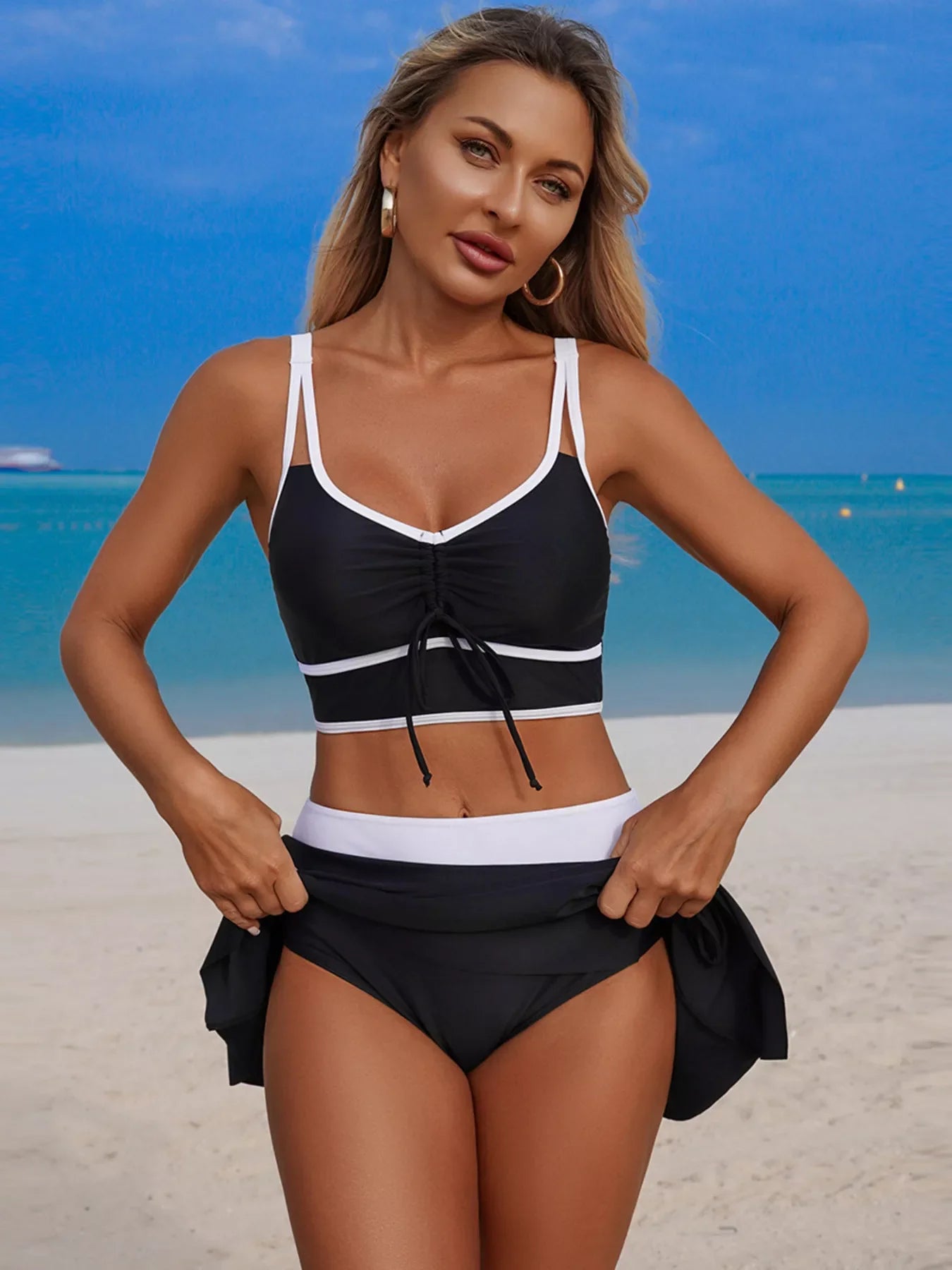 Hazel Blues® | Contrast Trim Drawstring Swim Set