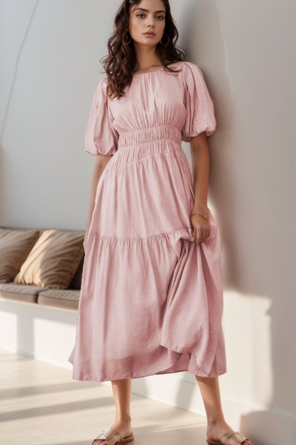 Hazel Blues® |  Puff Sleeve Pleated High Waist Flowy Midi Dress