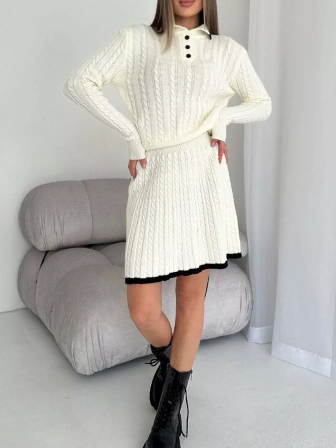 Hazel Blues® |  Cable Knit Long Sleeve Top and Skirt Sweater Set