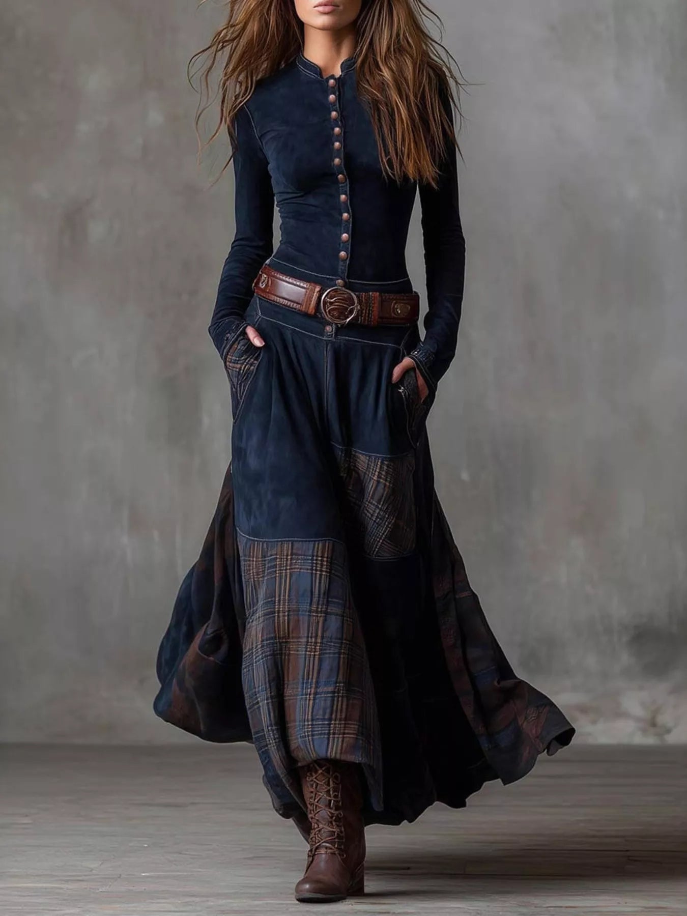 Hazel Blues® | Plaid Button Front Long Sleeve Dress