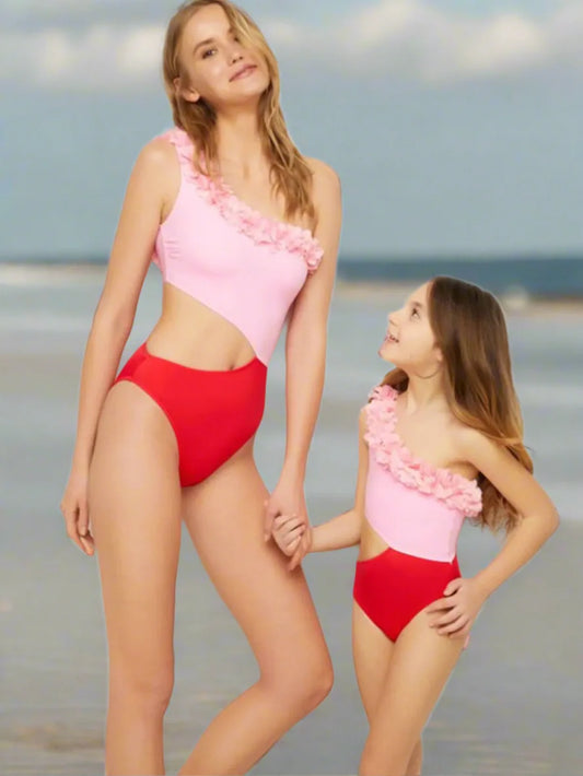 Hazel Blues® | Mommy&Me Cutout One Shoulder Contrast One Piece Swimwear