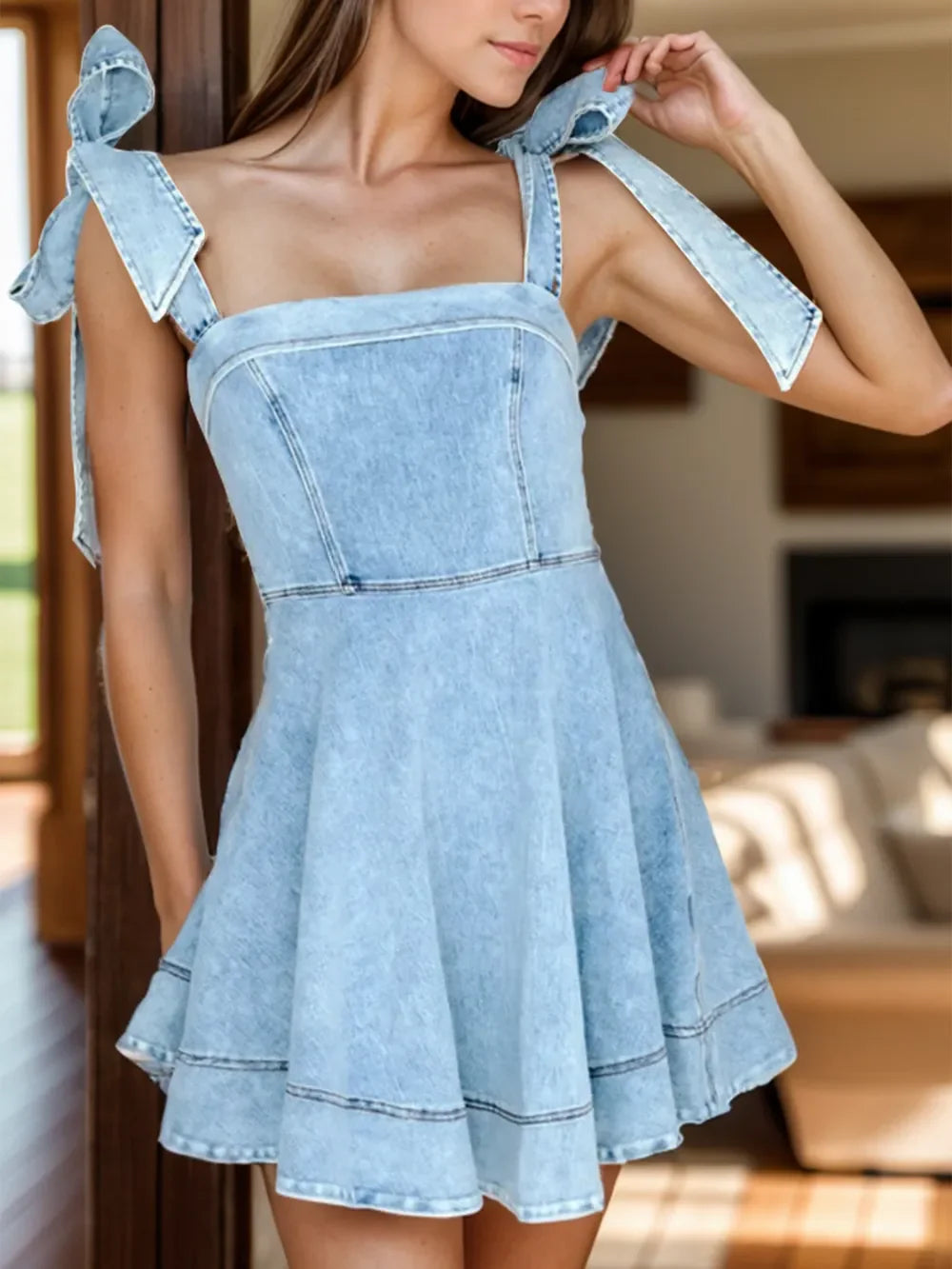 Hazel Blues® |  Square Neck Tie Shoulder Denim Dress
