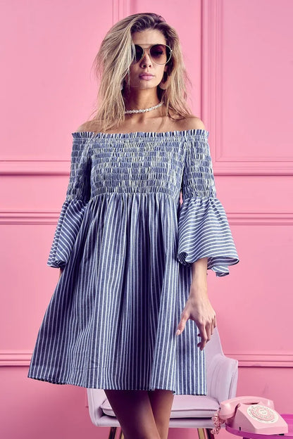 Hazel Blues® |  BiBi Smocked Off Shoulder Striped Dress