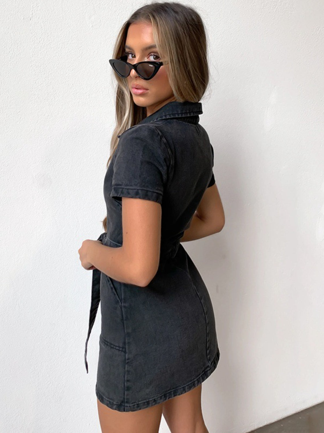 Hazel Blues® | Zip Front Short Sleeve Denim Dress