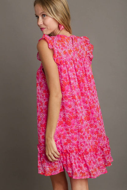 Hazel Blues® | Umgee Smocked Detail Floral Metallic Ruffle Cap Sleeve Dress