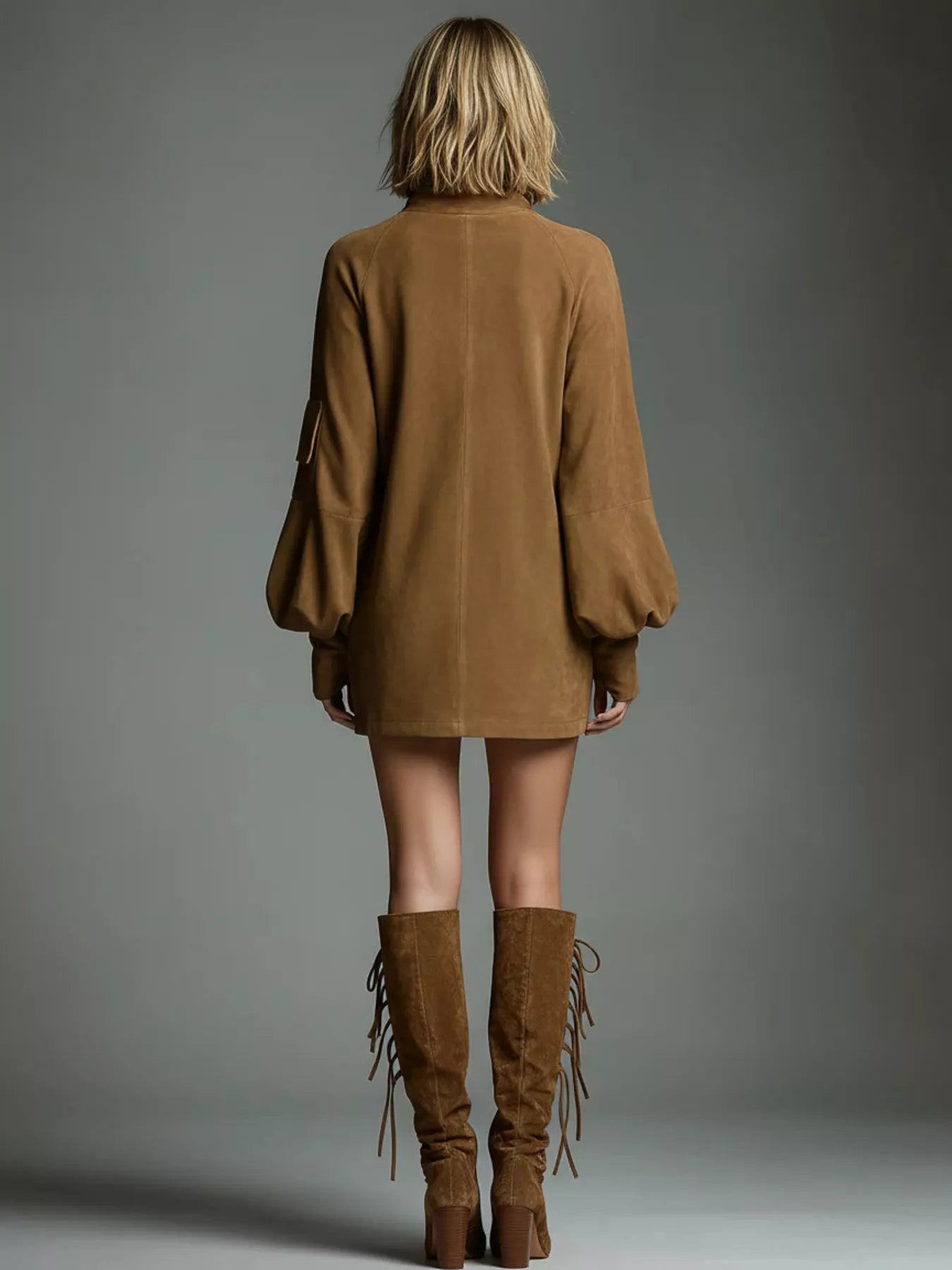 Hazel Blues® | Suede Turtleneck Lantern Sleeve Mini Dress
