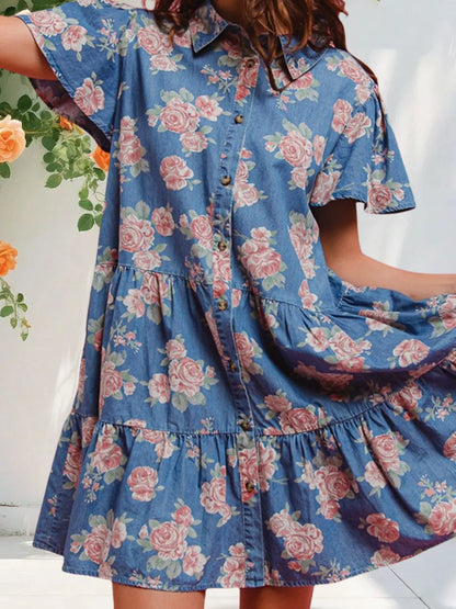 Hazel Blues® |  Floral Print Denim Button-Down Tiered Mini Dress