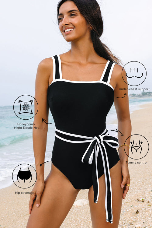 Hazel Blues® | Black Colorblock Edge Belted One Piece Swimsuit