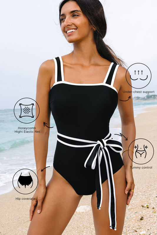 Hazel Blues® | Black Colorblock Edge Belted One Piece Swimsuit