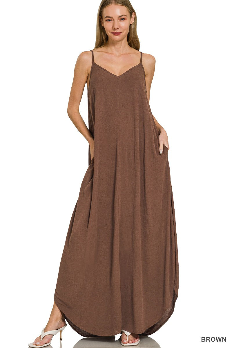 Hazel Blues® |  Zenana Woven Crinkle Cami Maxi Dress with Side Pockets