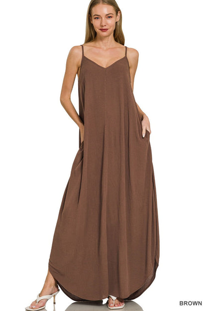 Hazel Blues® |  Zenana Woven Crinkle Cami Maxi Dress with Side Pockets
