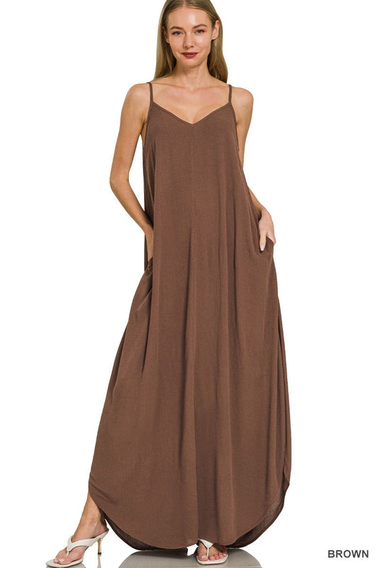 Hazel Blues® |  Zenana Woven Crinkle Cami Maxi Dress with Side Pockets