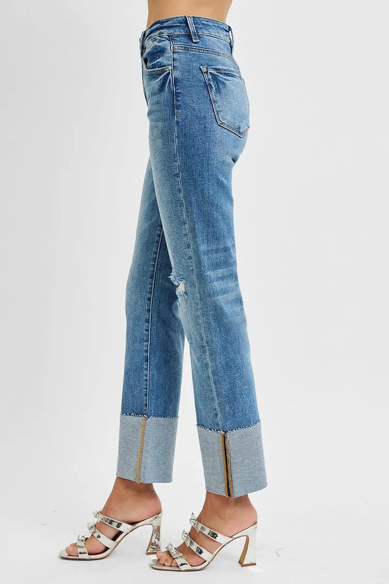 Hazel Blues® | RISEN High Rise Ankle Straight Wide Cuffed Jeans