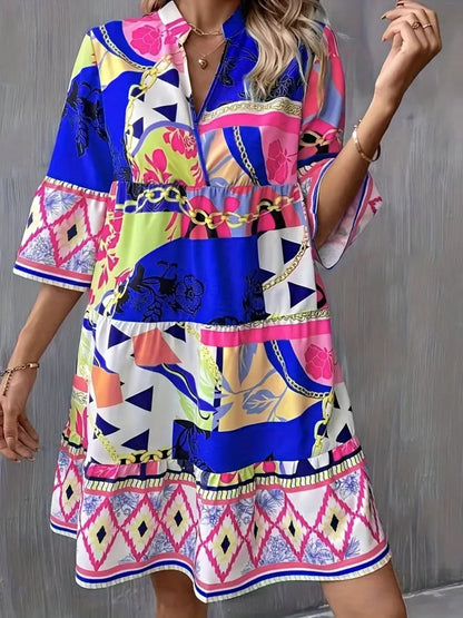 Hazel Blues® |  Printed Notched 3/4 Sleeve Tiered Dress