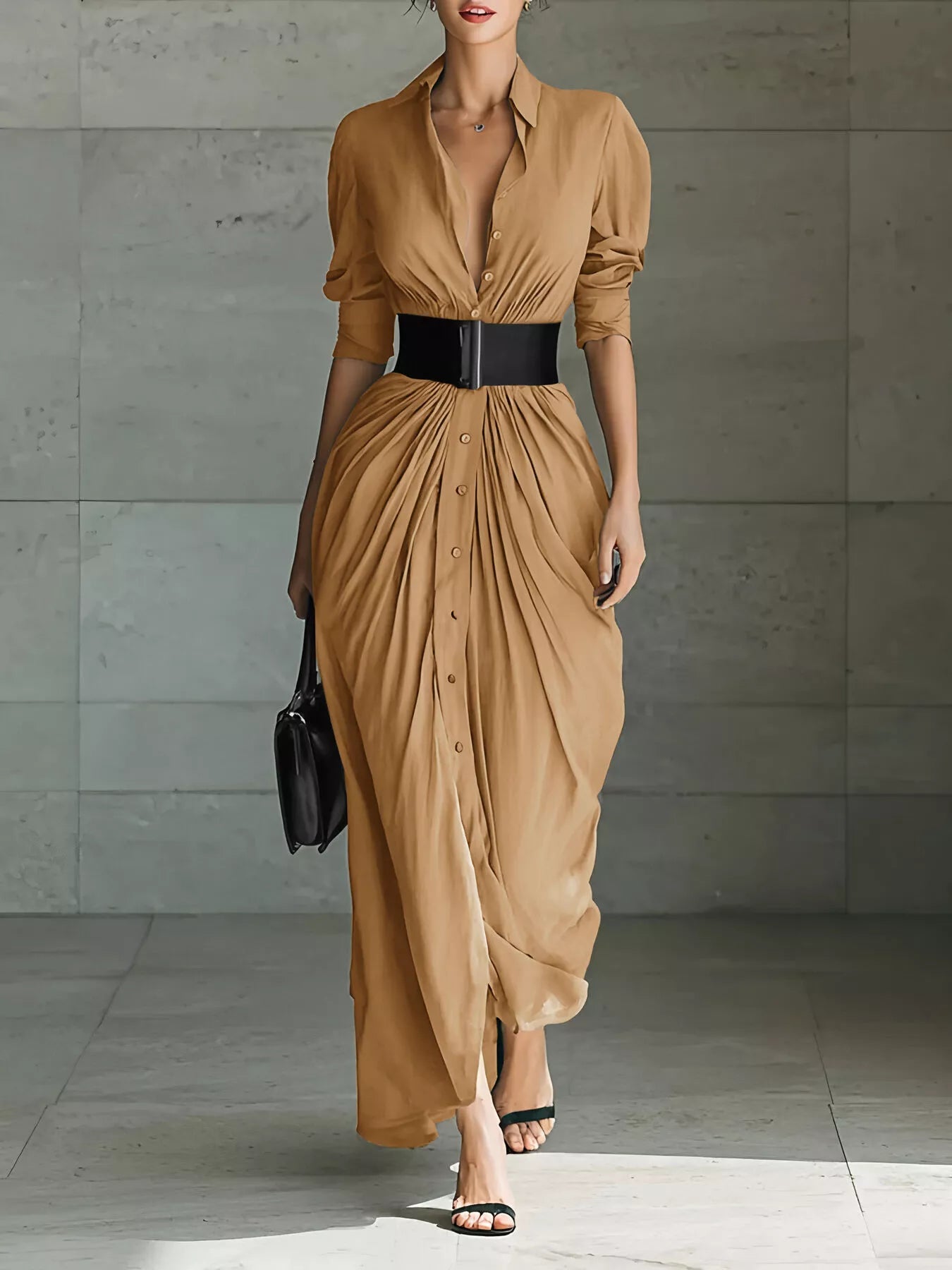 Hazel Blues® | Button Front Ruched Shirt Maxi Dress