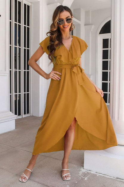 Hazel Blues® |  Tied Front Ruffled Short Sleeve Midi Dress