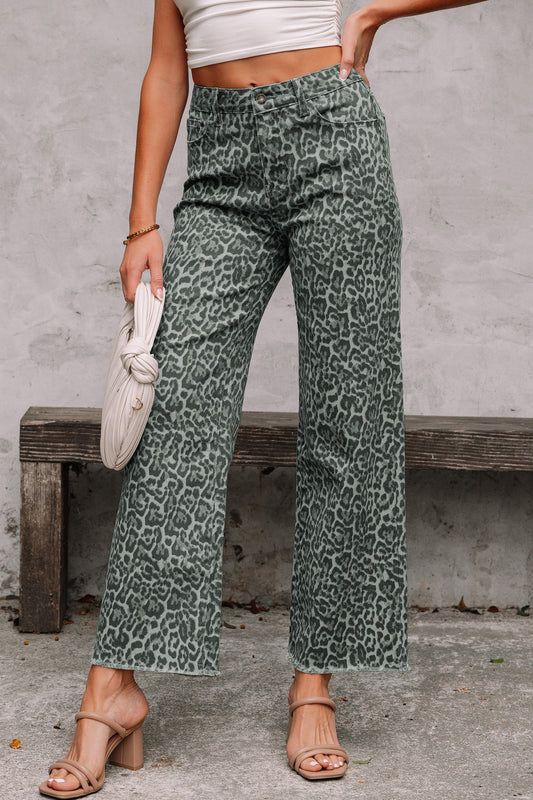 Hazel Blues® |  Gray Leopard Frayed Edge Wide Leg High Waist Jeans