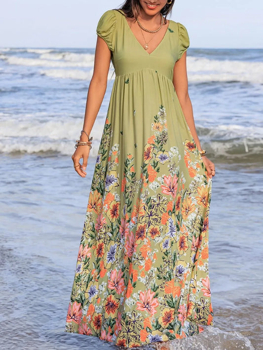 Hazel Blues® |  Backless Printed V-Neck Short Sleeve Maxi Dress
