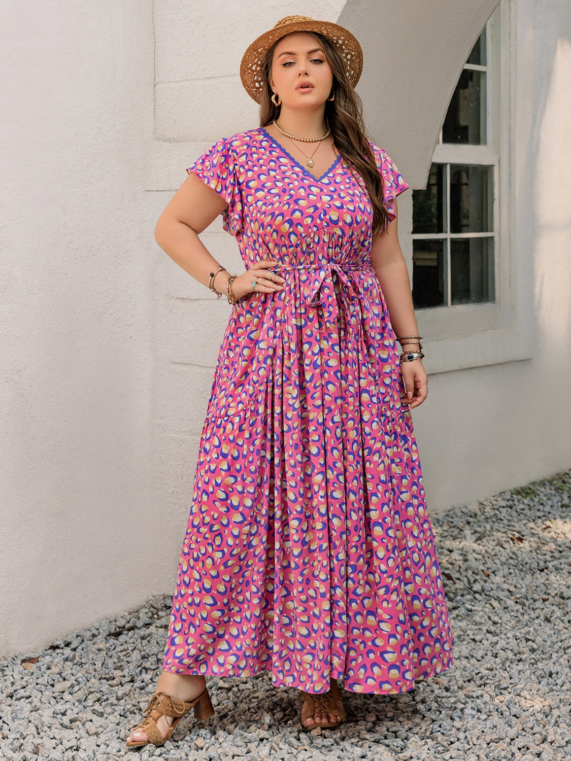 Hazel Blues® | Printed V-Neck Flutter Sleeve Tie Waist Maxi Dress
