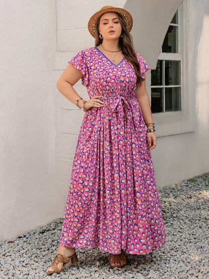 Hazel Blues® | Printed V-Neck Flutter Sleeve Tie Waist Maxi Dress