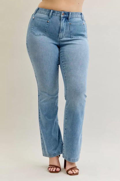 Hazel Blues® | Judy Blue Mid Rise Bootcut Jeans with Contrast Wash & Front Patch Pockets