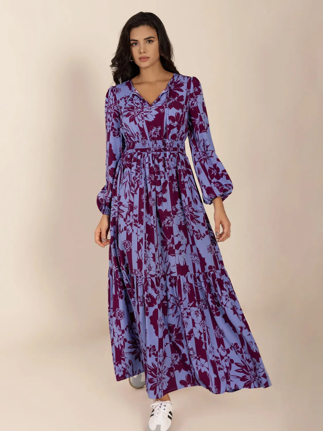 Hazel Blues® |  Printed Tie Neck Balloon Sleeve Maxi Dress