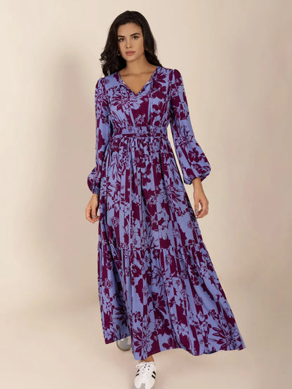 Hazel Blues® |  Printed Tie Neck Balloon Sleeve Maxi Dress