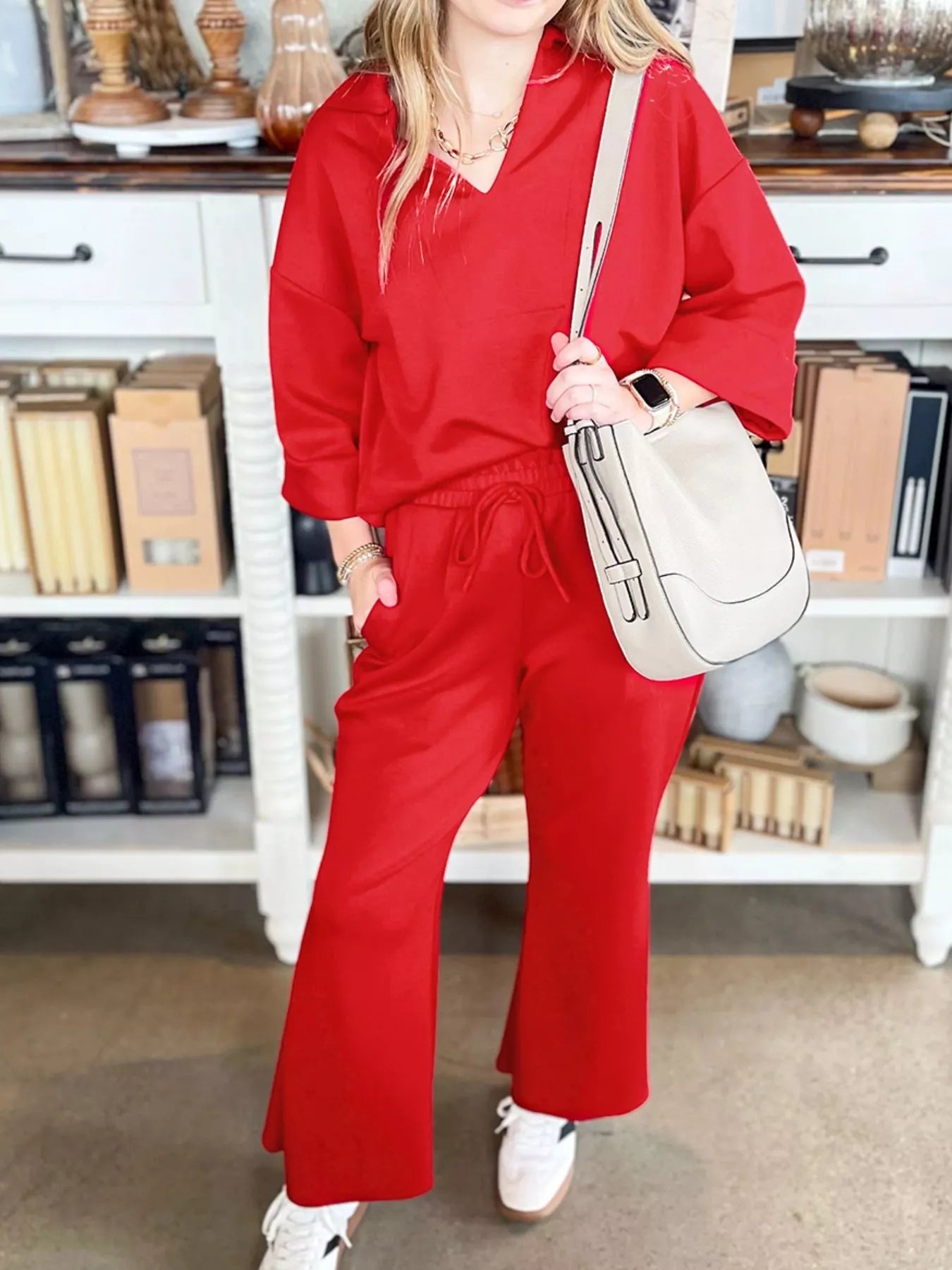 Hazel Blues® |  Polo Collar V Neck 3/4 Sleeve Pullover Drawstring Bell Bottom Pants 2pcs Set