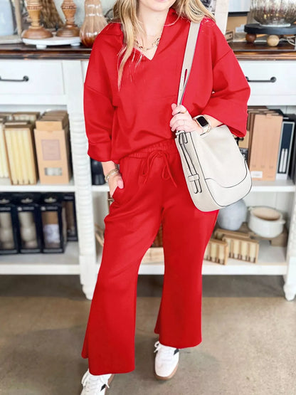 Hazel Blues® |  Polo Collar V Neck 3/4 Sleeve Pullover Drawstring Bell Bottom Pants 2pcs Set