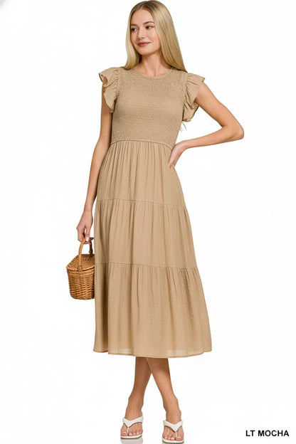 Hazel Blues® |  Zenana Woven Smocked Ruffle Sleeve Midi Dress