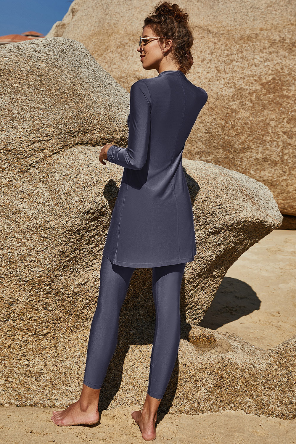 Hazel Blues® | Slit Mock Neck Long Sleeve Top and Pants Swim Set