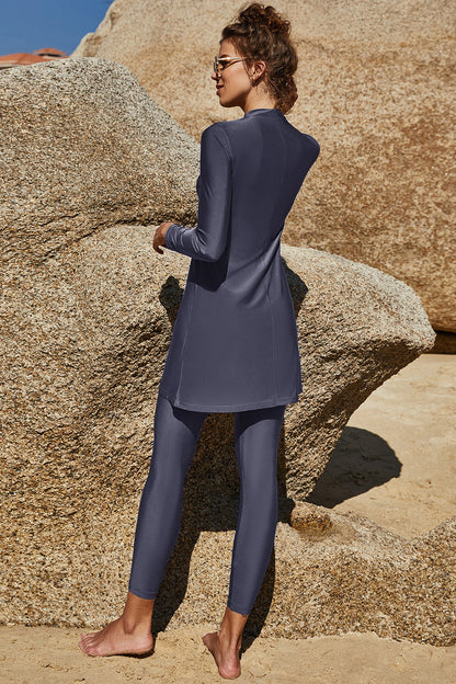 Hazel Blues® | Slit Mock Neck Long Sleeve Top and Pants Swim Set