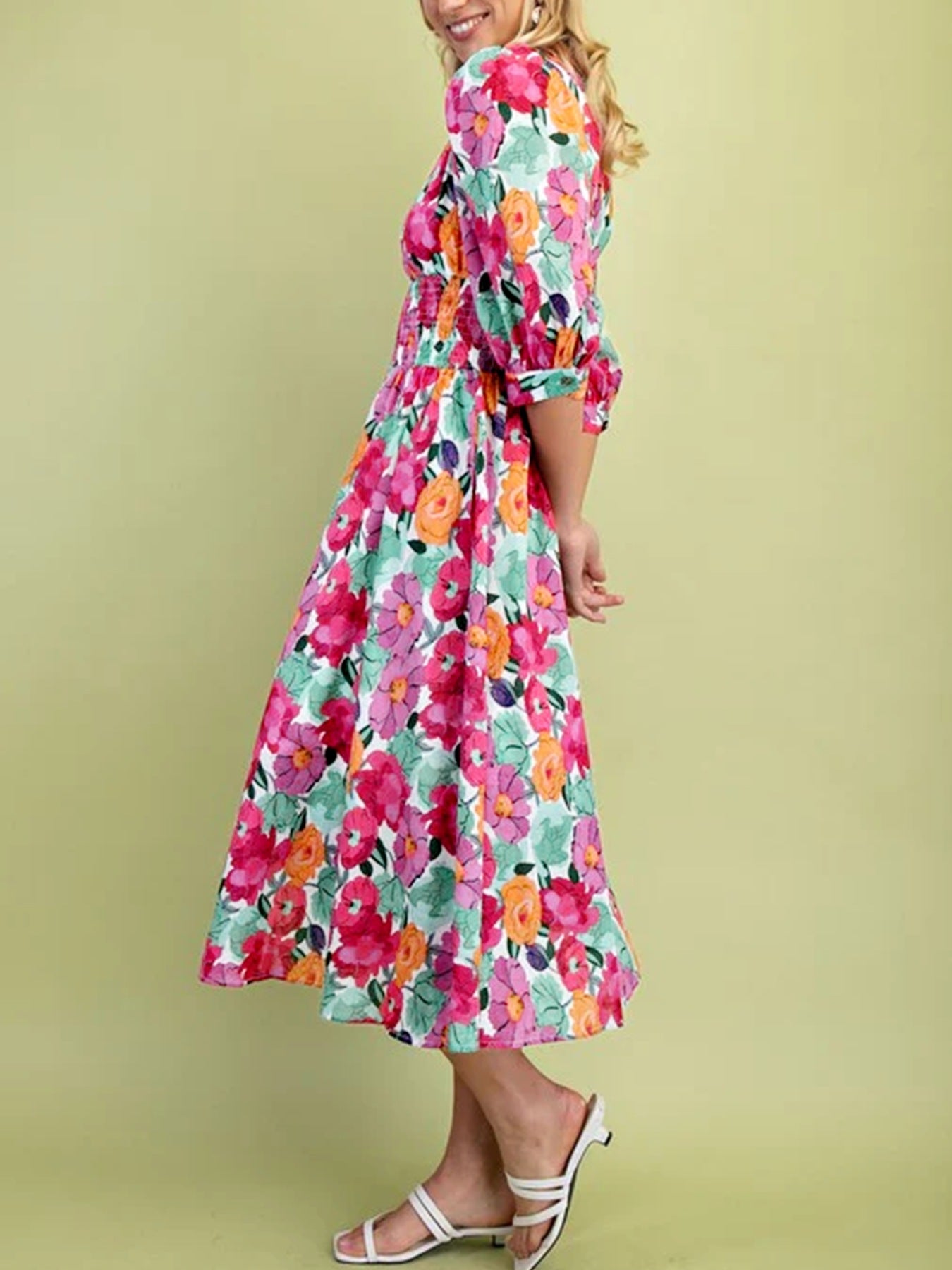 Hazel Blues® |  Vibrant Floral Print V Neck Zip Up Puffy Half Sleeve Dress
