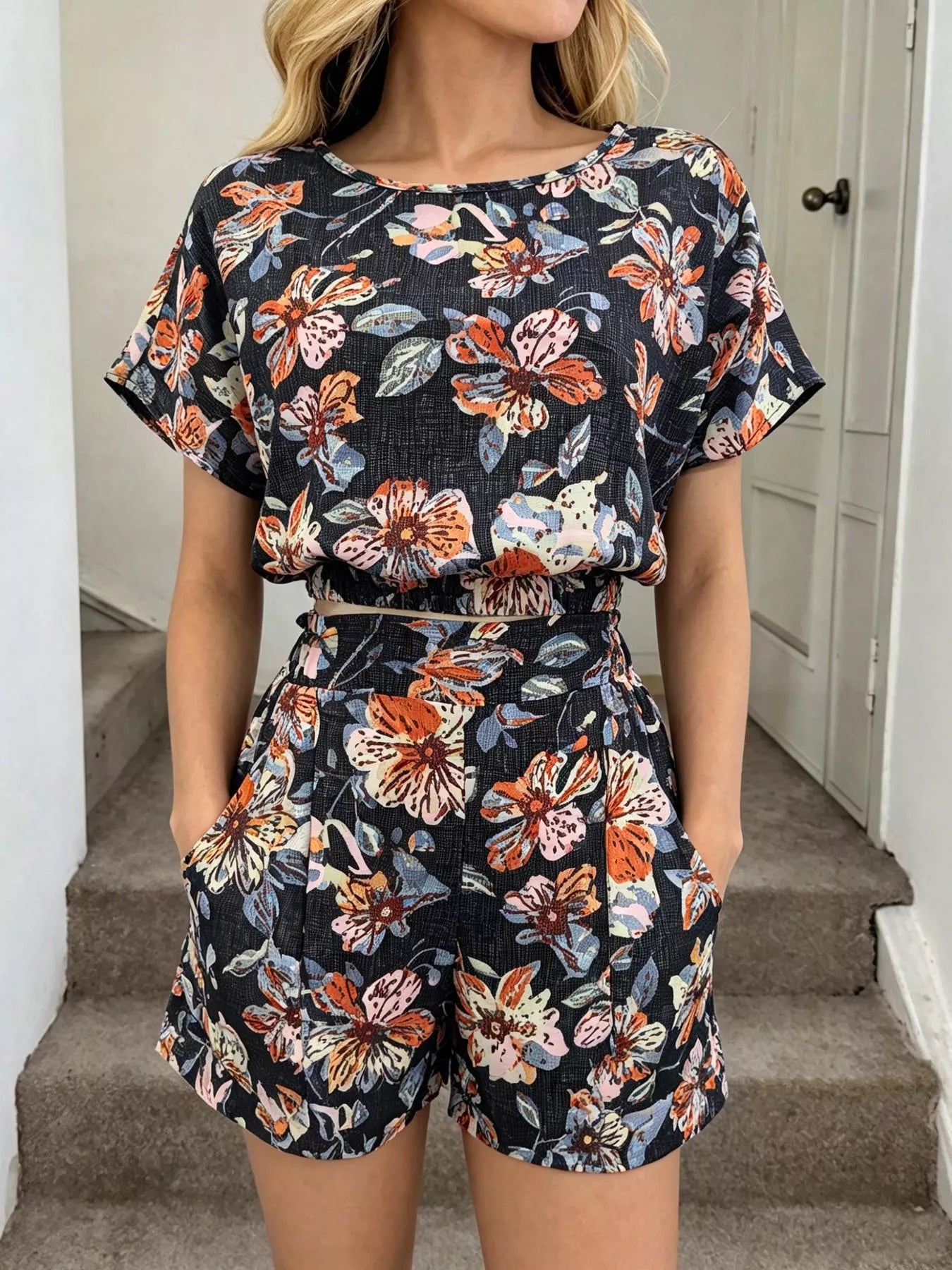Hazel Blues® |  Floral Print Crop Top and Shorts Set